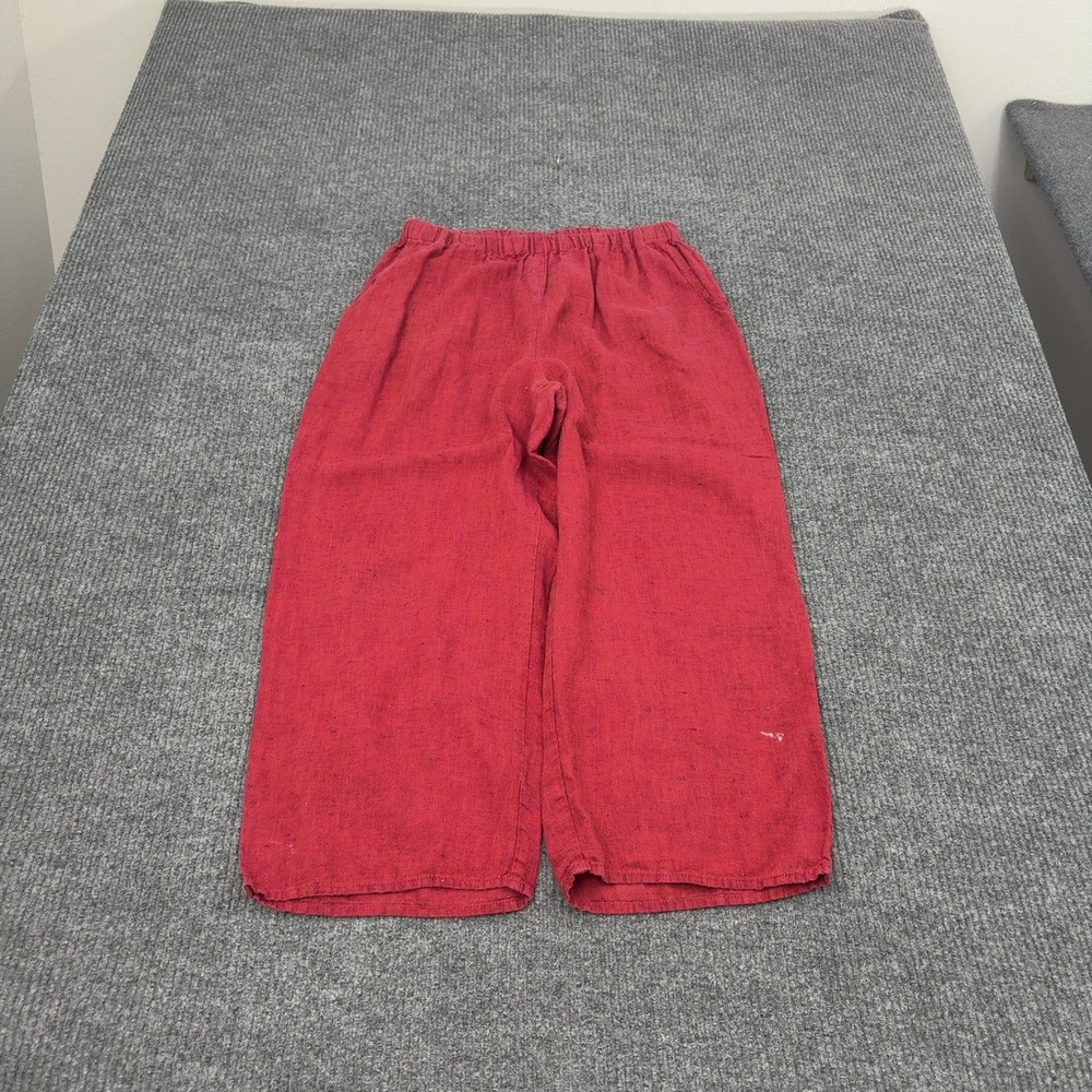 Flax Pants Womens Small Red Linen Elastic Waist Wide Leg Cropped Lagenlook Boho